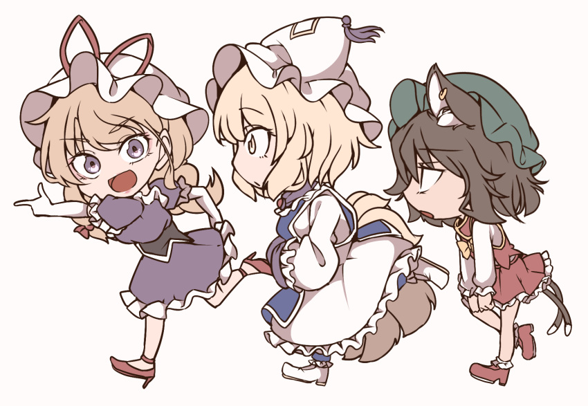 3girls :d animal_ear_fluff animal_ears bangs blonde_hair bow brown_hair cat_ears cat_tail chen commentary_request dress elbow_gloves eyebrows_visible_through_hair eyes_visible_through_hair fang fingernails gloves gokuu_(acoloredpencil) hair_between_eyes hat high_heels highres long_fingernails long_sleeves looking_at_viewer mob_cap multiple_girls multiple_tails open_mouth pointing_to_the_side puffy_short_sleeves puffy_sleeves purple_dress purple_eyes red_bow red_footwear red_skirt red_vest running short_hair short_sleeves simple_background skin_fang skirt slit_pupils smile tail touhou two_tails vest white_background white_gloves wide_sleeves yakumo_ran yakumo_yukari yellow_eyes