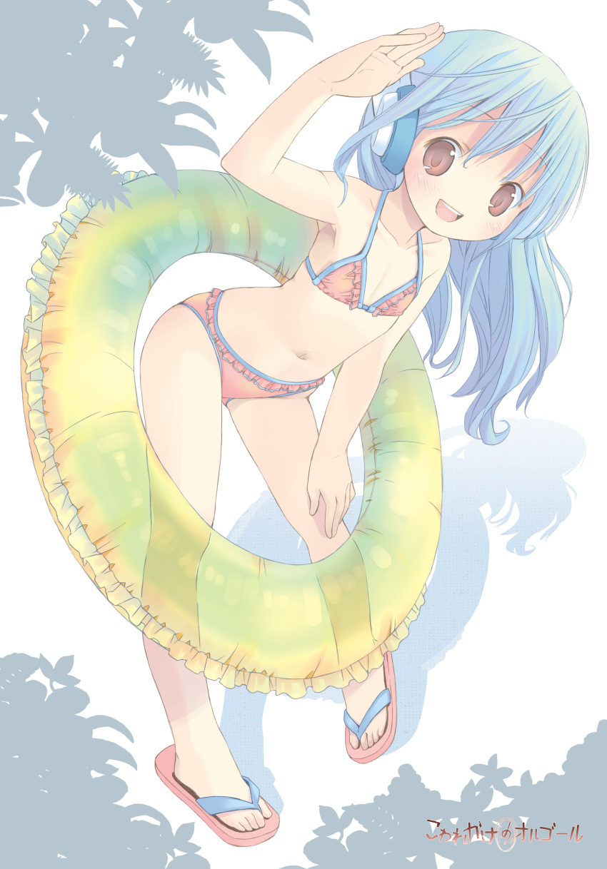 1girl absurdres arm_up armpits bikini blue_hair brown_eyes child feet flat_chest flower_(kowarekake) full_body happy headphones highres innertube kowarekake_no_orgel leaning_forward long_hair navel open_mouth orange_bikini original pop_(electromagneticwave) sandals smile solo swimsuit toes waving