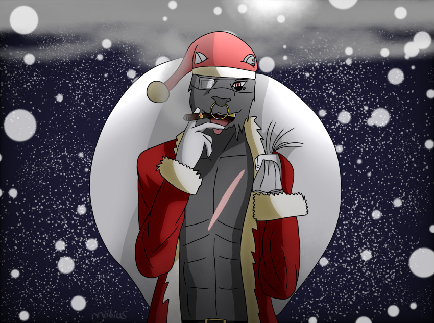 2021 anthro black_nose capybara caviid christmas christmas_clothing cigar clothed clothing digital_drawing_(artwork) digital_media_(artwork) entropy_(mobiusei) eye_patch eyeshadow eyewear facial_piercing fur gloves gold_(metal) gold_tooth grey_body grey_fur handwear hat headgear headwear hi_res holding_object holidays humanoid_hands looking_at_viewer makeup male mammal mature_anthro mature_male muscular muscular_male night nose_piercing nose_ring open_mouth outside piercing red_eyes rodent scar seiune septum_piercing shaded shirtless shirtless_male signature simple_background smile smoke smoking snow solo solo_focus standing teeth tongue tongue_out