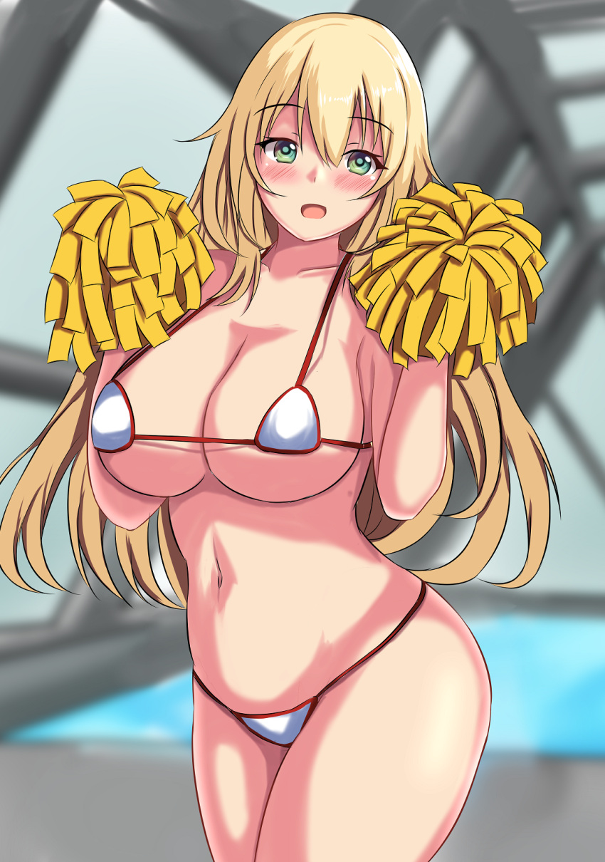 1girl alternate_costume atago_(kancolle) bikini blonde_hair breasts collarbone green_eyes highres holding holding_pom_poms kantai_collection large_breasts long_hair micro_bikini montemasa navel pom_pom_(cheerleading) pool poolside rei_no_pool solo string_bikini swimsuit white_bikini