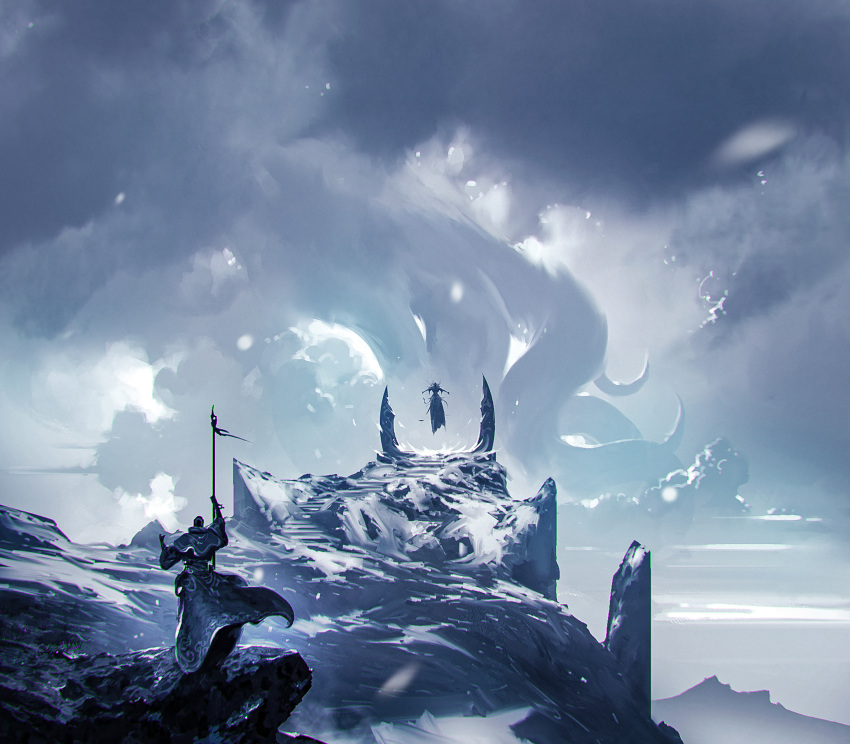 2others absurdres ambiguous_gender capelet cloud cloudy_sky commentary english_commentary floating from_behind giant giant_monster highres holding holding_staff kalmahul monster multiple_others original robe scenery sea_creature sky snow staff standing
