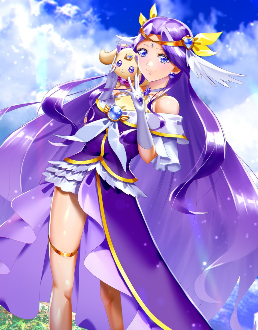 1girl bare_shoulders blue_sky breasts brooch cloud cloudy_sky criss-cross_halter cure_earth curecycadura day dog dress earrings elbow_gloves eyebrows feathers forehead fuurin_asumi gloves grass halterneck healin'_good_precure healing_animal highres jewelry latte_(precure) lips looking_at_viewer medium_breasts necklace outdoors precure purple_dress purple_eyes purple_hair sky smile standing tiara white_gloves wings wristband