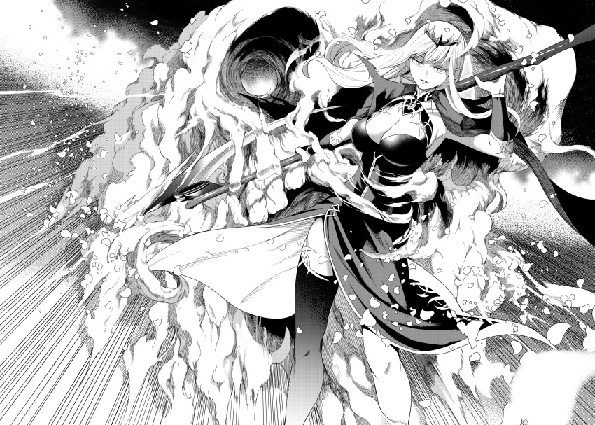 1girl absurdres breasts cape cleavage cleavage_cutout clothing_cutout dress fire floating_cape floating_hair greyscale henshin highres holding holding_scythe hololive hololive_english large_breasts long_hair looking_at_viewer monochrome mori_calliope morishima_hitoshi parted_lips scythe single_thighhigh smile solo thighhighs tiara veil virtual_youtuber