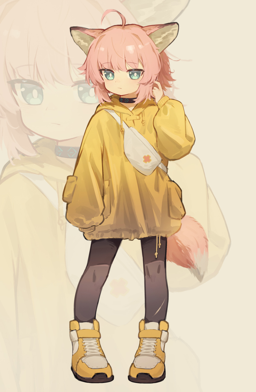 1girl absurdres ahoge animal_ears arknights black_choker blue_eyes brown_background choker drawstring fanny_pack fox_ears fox_girl fox_tail full_body hand_up highres hood hood_down hoodie long_sleeves pink_hair puffy_long_sleeves puffy_sleeves shoes simple_background sleeves_past_fingers sleeves_past_wrists solo standing sussurro_(arknights) tail weird_did_you_paint_today? yellow_footwear yellow_hoodie zoom_layer