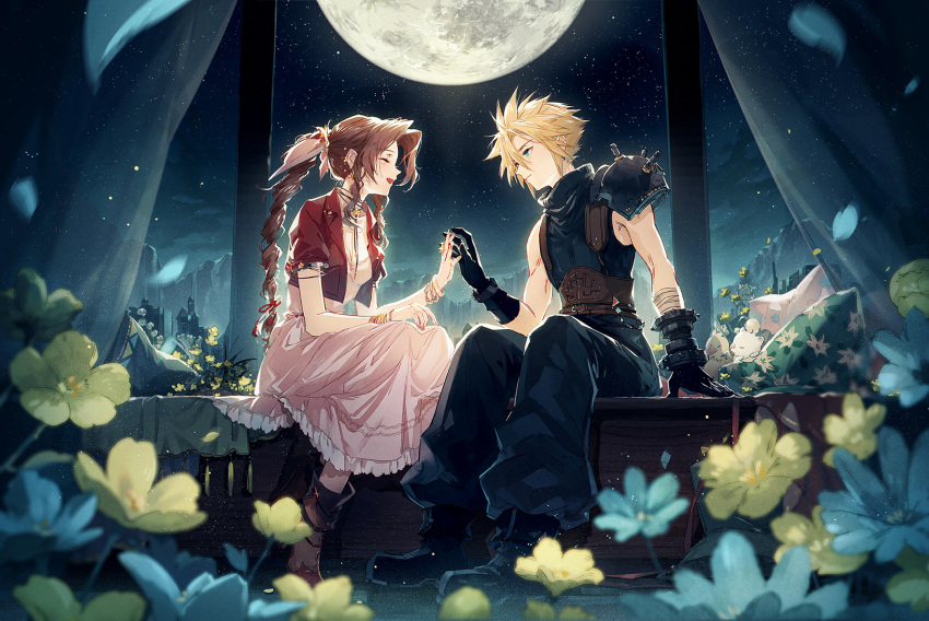 1boy 1girl aerith_gainsborough bangs blonde_hair blue_eyes blue_pants braid brown_hair building chocobo cloud_strife curtains dress final_fantasy final_fantasy_vii final_fantasy_vii_remake flower from_side green_eyes hair_ribbon highres holding_hands kieta long_hair lovers moogle moon moonlight night night_sky open_window pants petals pink_ribbon ribbon sidelocks sky sleeveless smile spiked_hair square_enix star_(sky) starry_sky turtleneck white_dress window