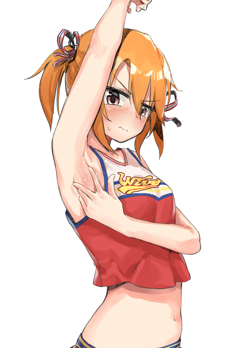 1girl alternate_hairstyle arm_up armpits bangs bare_arms blush brown_eyes brown_hair cheerleader hair_ribbon hamita1220 highres idolmaster idolmaster_cinderella_girls idolmaster_cinderella_girls_starlight_stage midriff navel parted_bangs presenting_armpit ribbon simple_background solo spread_armpit sweatdrop twintails wavy_mouth white_background yuuki_haru