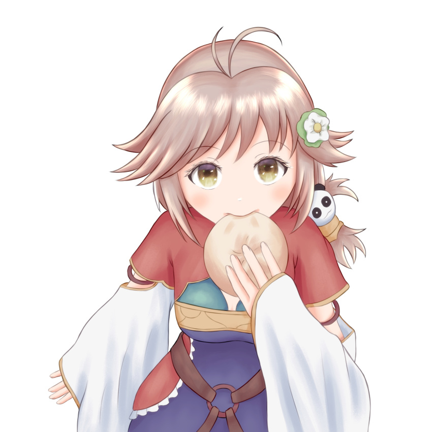 1girl antenna_hair baozi brown_eyes brown_hair detached_sleeves eating flower food hair_flower hair_ornament highres holding holding_food hoposyoi looking_at_viewer medium_hair o-ring panda_hair_ornament rune_factory rune_factory_4 simple_background solo white_background wide_sleeves xiao_pai