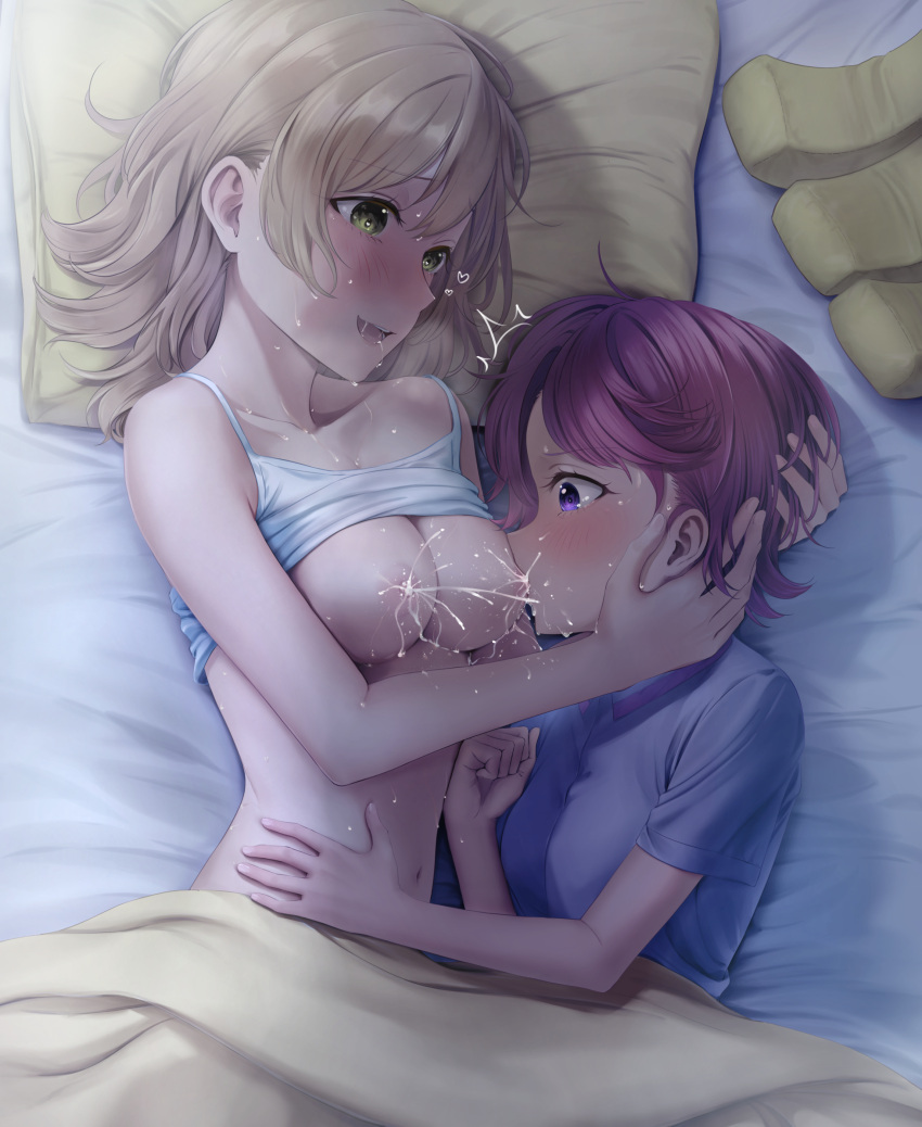 2girls ^^^ absurdres bangs bare_arms bare_shoulders bed blanket blue_pajamas blush breast_sucking breastfeeding breasts camisole cleavage clenched_hand clothes_lift collarbone commentary_request commission daiba_nana eyebrows_visible_through_hair fingernails green_eyes hair_down hand_on_another's_stomach hands_on_another's_head hands_up heart heart_in_eye heavy_breathing highres indoors isurugi_futaba lactation light_brown_hair looking_at_another lying medium_breasts medium_hair multiple_girls navel nipples on_bed on_side open_mouth pajamas pillow pink_hair pixiv_request profile purple_eyes raised_eyebrows saliva shadow shirt_lift short_hair short_sleeves shoujo_kageki_revue_starlight shroomia smile stomach sweat swept_bangs symbol_in_eye teeth under_covers upper_teeth white_camisole yuri