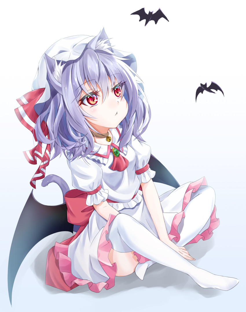 1girl :&lt; animal_ear_fluff animal_ears arms_between_legs ascot bat bat_wings bell between_legs black_wings cat_ears cat_tail closed_mouth collar collared_shirt eyebrows_visible_through_hair frilled_shirt frilled_shirt_collar frilled_skirt frills green_brooch hair_between_eyes hand_between_legs hat hat_ribbon highres kemonomimi_mode looking_up mob_cap neck_bell no_shoes puffy_short_sleeves puffy_sleeves purple_hair purple_tail red_ascot red_eyes remilia_scarlet ribbon s_vileblood shirt short_sleeves sitting skirt solo tail thighhighs touhou white_headwear white_legwear white_shirt white_skirt wings