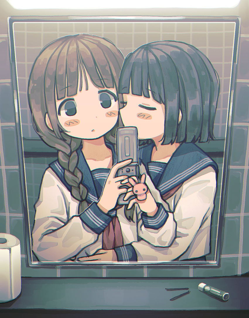 2girls bangs black_eyes black_hair blunt_bangs blush braid brown_hair cellphone commission eyebrows_visible_through_hair facing_another highres holding holding_phone incoming_kiss long_hair long_sleeves looking_at_another looking_at_mirror mirror multiple_girls neckerchief original phone red_neckerchief reflection rnfhv school_uniform serafuku skeb_commission toilet_paper twin_braids yuri