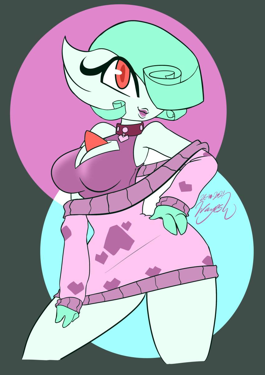 &lt;3 2021 abstract_background absurd_res cleavage_cutout clothing collar dated female gardevoir hand_on_hip hi_res lipstick makeup nintendo pok&eacute;mon pok&eacute;mon_(species) red_eyes signature solo sweater topwear video_games wayesh