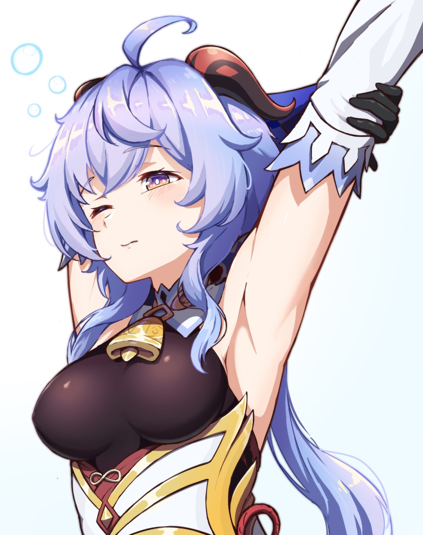 1girl ahoge arm_over_head armpits arms_up bangs bell blue_hair blush breasts curled_horns detached_sleeves eyebrows_visible_through_hair ganyu_(genshin_impact) genshin_impact gold_trim highres horns kooeiatd111020 long_hair low_ponytail medium_breasts multicolored_eyes neck_bell one_eye_closed sideboob sidelocks solo upper_body waking_up white_background white_sleeves