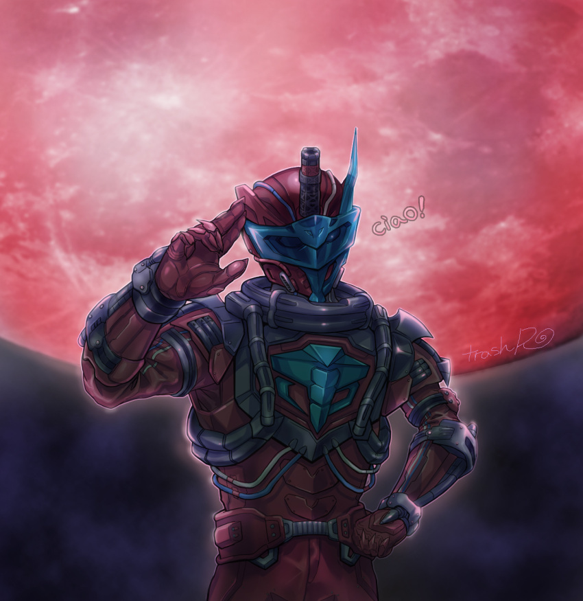 1boy armor asymmetrical_horns black_horns blood_stalk blue_eyes blue_horns catchphrase cobra_(animal) cowboy_shot dark_background english_text evil fingers_together glowing hand_on_hip highres horns huujyu jumpsuit kamen_rider kamen_rider_build_(series) looking_at_viewer male_focus moon night night_sky red_armor red_moon signature single_horn sky tokusatsu vest visor