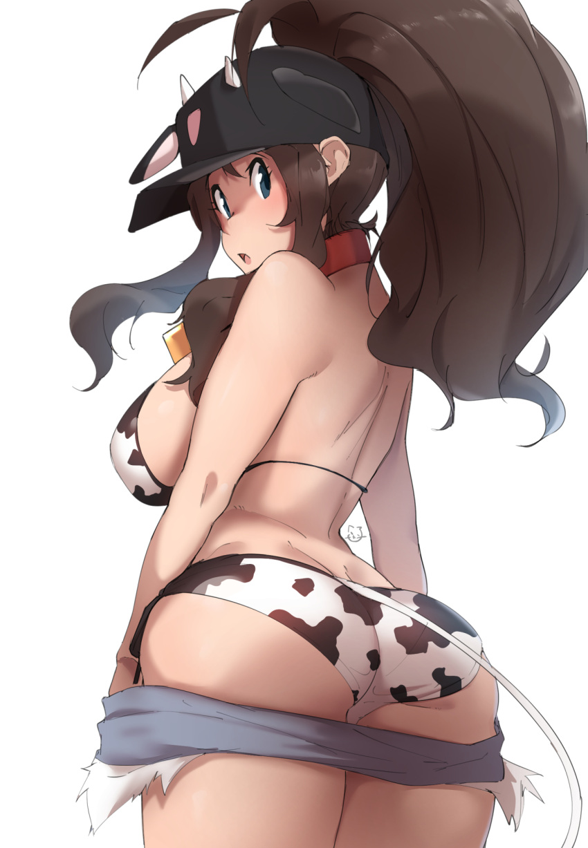 1girl :o ahoge animal_ears animal_print ass back baseball_cap bikini blue_eyes breasts brown_hair clothes_pull collar cow_ears cow_hat cow_horns cow_print cow_tail fake_animal_ears fake_horns fake_tail hair_through_headwear hat high_ponytail highres hilda_(pokemon) horns kuronyan large_breasts long_hair looking_at_viewer looking_back open_mouth pants pants_pull pokemon pokemon_(game) pokemon_bw ponytail pulled_by_self shorts sideboob sidelocks simple_background solo swimsuit tail white_background