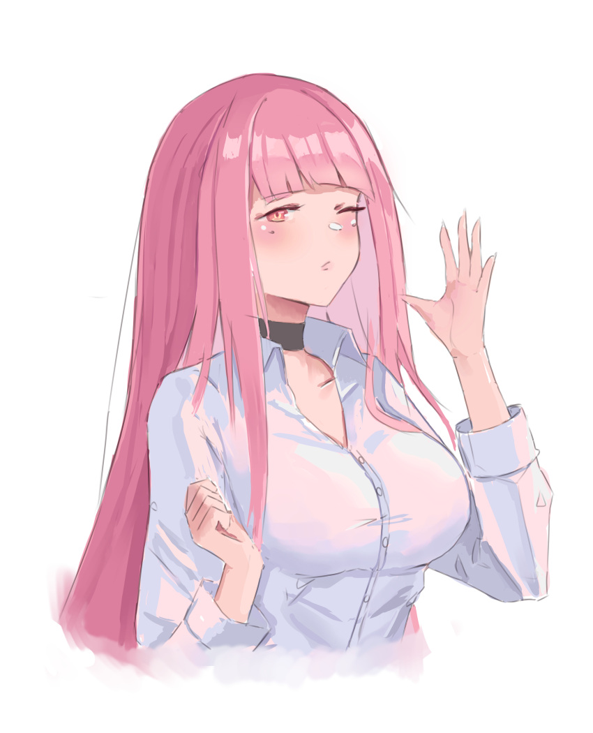 1girl absurdres bangs blunt_bangs breasts choker closed_mouth collarbone collared_shirt eyebrows_visible_through_hair highres hololive hololive_english large_breasts long_hair long_sleeves looking_at_viewer mori_calliope one_eye_closed pink_eyes pink_hair shirt skykappa solo upper_body virtual_youtuber white_shirt