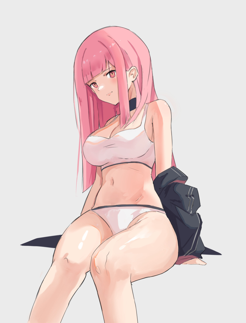 1girl absurdres arm_support bangs blunt_bangs bra breasts cleavage closed_mouth eyebrows_visible_through_hair highres hololive hololive_english large_breasts long_hair looking_at_viewer mori_calliope navel panties pink_eyes pink_hair sitting skykappa solo underwear virtual_youtuber white_bra white_panties