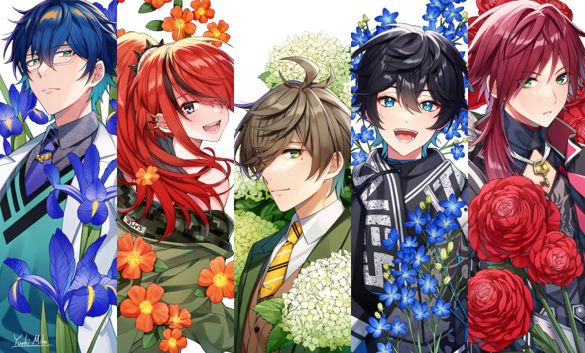 1girl 4boys aqua_hair arm_belt armband axia_krone bangs bare_shoulders black_hair black_jacket black_scarf blazer blue_eyes blue_flower blue_hair brown_hair collared_shirt ear_piercing eden_(nijisanji) eyes_visible_through_hair feathers flower flower_request glasses gradient_hair green_eyes green_jacket grey_eyes hair_behind_ear hair_between_eyes hair_over_one_eye highres jacket key_necklace labcoat lain_paterson lauren_iroas leos_vincent long_hair long_sleeves mole mole_under_eye multicolored_hair multiple_boys necktie nijisanji off_shoulder oliver_evans open_clothes open_jacket open_mouth piercing plant ponytail red_hair rose scarf shirt short_hair signature simple_background smile streaked_hair sweater two-tone_hair vest virtual_youtuber white_background yellow_necktie yuuhi_mika
