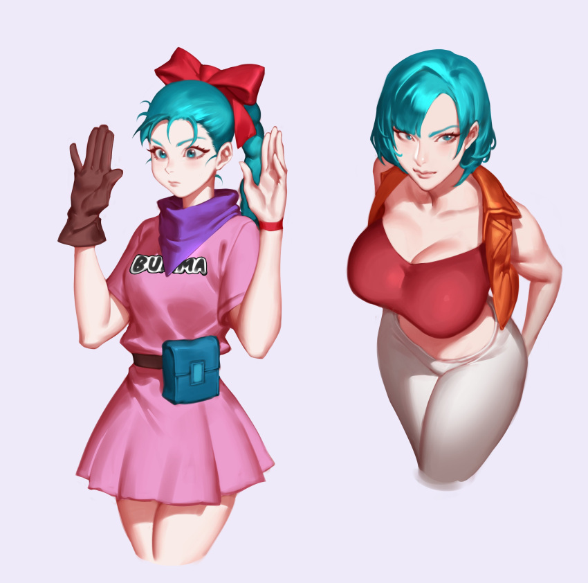 2girls absurdres aqua_eyes aqua_hair bare_shoulders belt belt_pouch bow breasts brown_gloves bulma character_name closed_mouth clothes_writing collarbone dragon_ball gloves hair_bow highres large_breasts long_hair multiple_girls ponytail pouch purple_background short_hair simple_background single_glove zelus