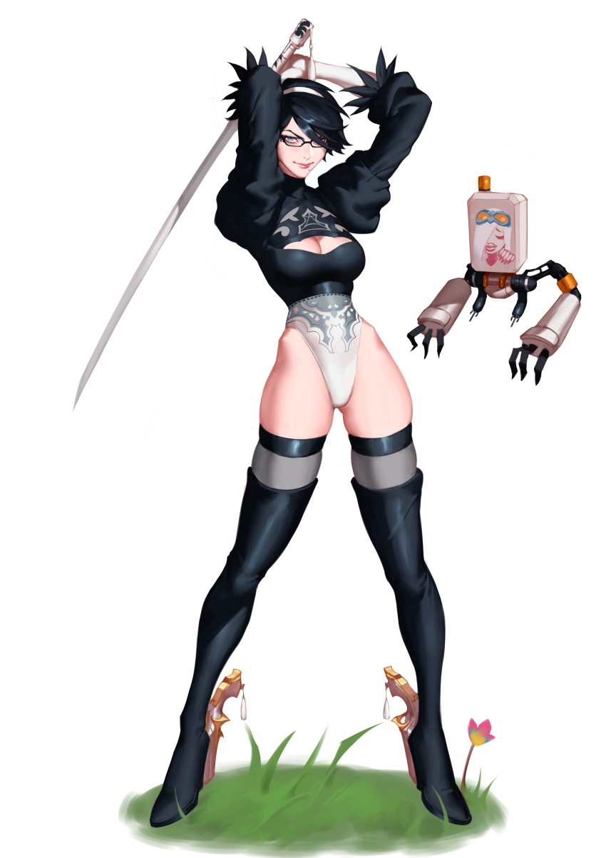 1girl absurdres arms_up bayonetta bayonetta_(series) black-framed_eyewear black_footwear black_hair blue_eyes boots breasts cleavage cleavage_cutout closed_mouth clothing_cutout cosplay feather-trimmed_sleeves feather_trim floating flower glasses gloves grass grey_legwear gun hairband handgun high_heel_boots high_heels highres holding holding_sword holding_weapon holstered_weapon jeanne_(bayonetta) jeanne_(bayonetta)_(cosplay) katana leotard looking_at_viewer pink_flower pod_(nier_automata) puffy_sleeves robot short_hair simple_background skindentation smile sword thigh_boots thighhighs turtleneck weapon white_background white_hairband white_leotard yorha_no._2_type_b yorha_no._2_type_b_(cosplay) zelus