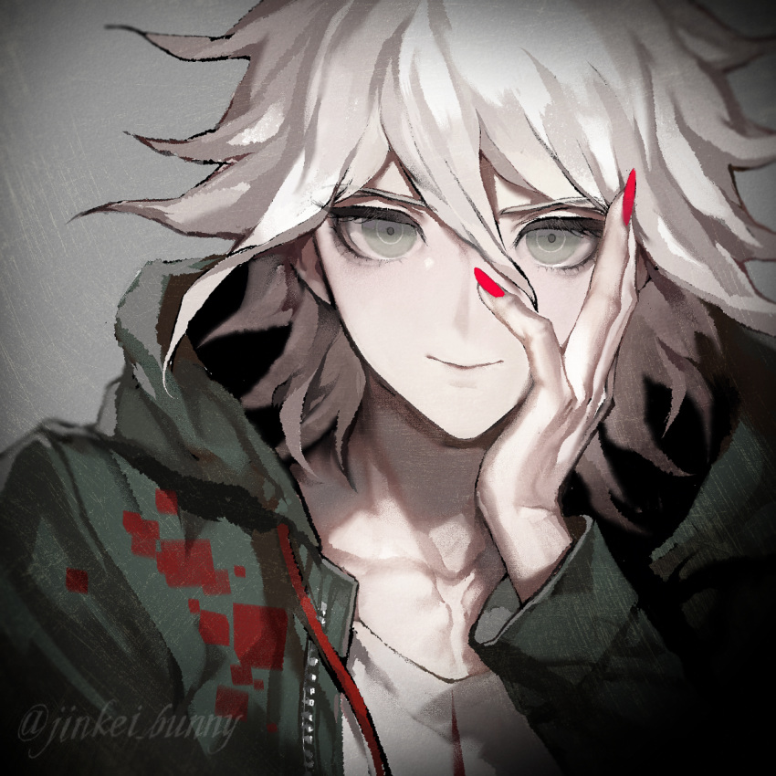 1boy bangs collarbone danganronpa_(series) danganronpa_2:_goodbye_despair green_jacket hair_between_eyes highres hood hooded_jacket jacket komaeda_nagito koshika_rina long_sleeves looking_at_viewer male_focus messy_hair nail_polish open_clothes open_jacket print_shirt red_nails shirt smile solo white_hair white_shirt