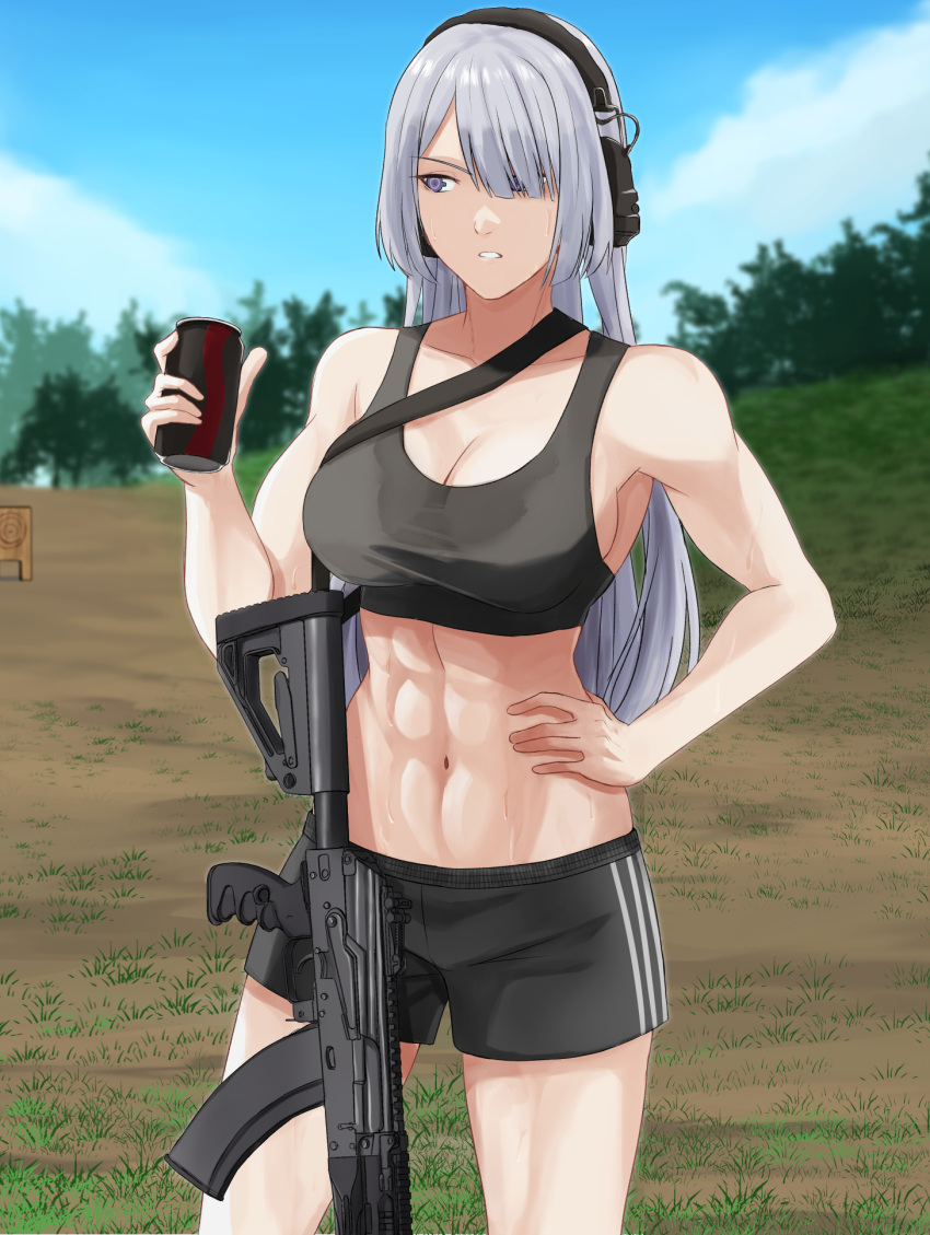 abs ak-15 ak-15_(girls'_frontline) bangs black_shorts black_sports_bra can cola cyka drink girls'_frontline gun headband highres holding holding_drink kalashnikov_rifle long_hair muscular muscular_female rifle shorts sky soda soda_can sports_bra target tree weapon white_hair