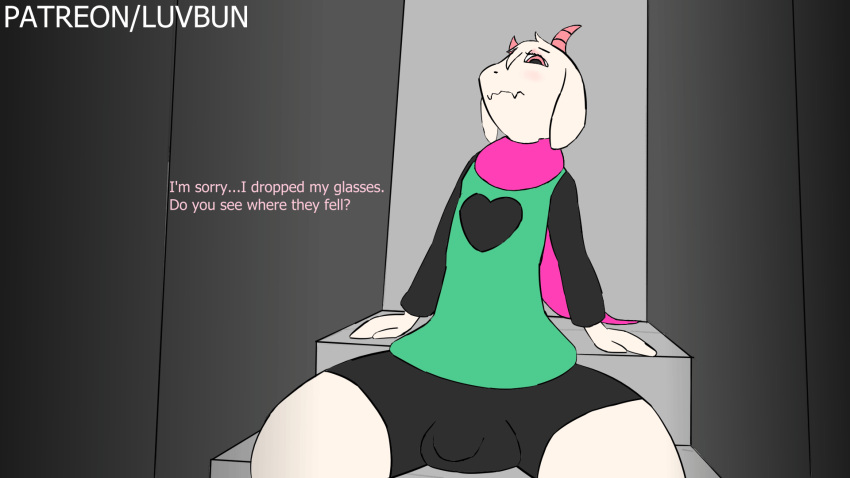 &lt;3 animated anthro balls bottomwear bovid caprine clothing deltarune eyeshadow genitals goat hi_res horn lil'bun looking_at_viewer makeup male mammal pink_eyes pink_horn ralsei scarf shirt shorts solo spread_legs spreading text topwear undertale_(series) video_games