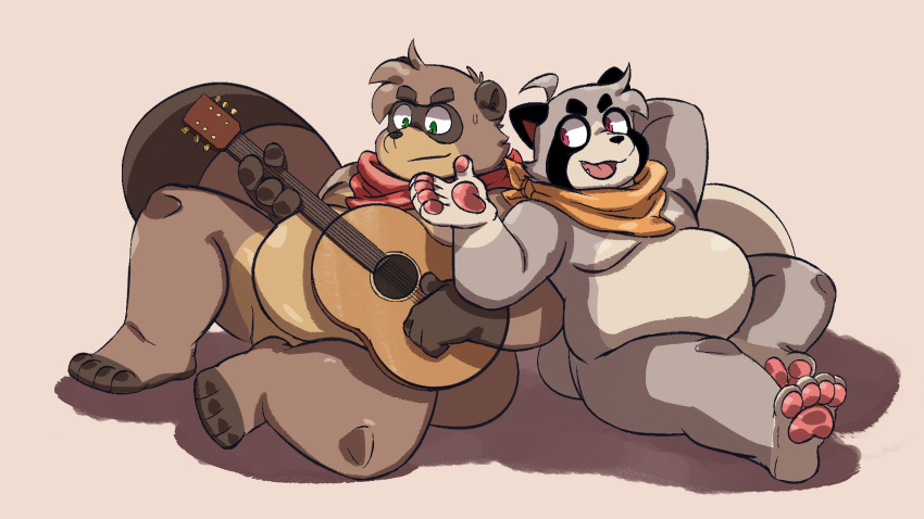 andythetanuki anthro canid canine duo franook franpaccio gazpacho guitar hi_res male male/male mammal musical_instrument overweight pawpads paws plucked_string_instrument pressing_against raccoon_dog slightly_chubby smile string_instrument tanuki