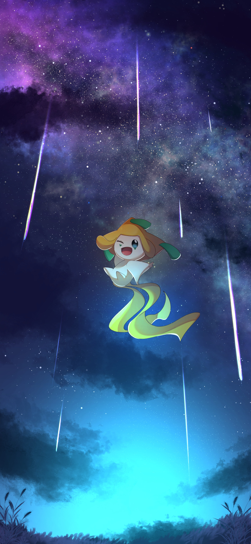 ;d absurdres cloud commentary_request flying green_eyes highres jirachi meteor_shower nata_de_coco_(pankptomato) night one_eye_closed open_mouth outdoors pokemon sky smile tongue