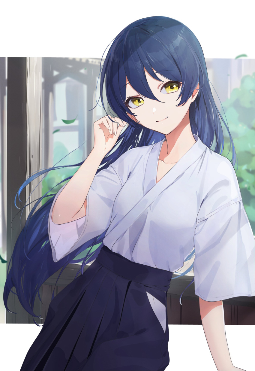 1girl absurdres archery arm_up bangs blue_hair blue_hakama eyebrows_visible_through_hair floating_hair hakama hakama_skirt highres japanese_clothes kimono kuukai_(adexi) kyuudou long_hair long_sleeves looking_at_viewer love_live! love_live!_school_idol_project outdoors skirt smile solo sonoda_umi standing swept_bangs wind yellow_eyes