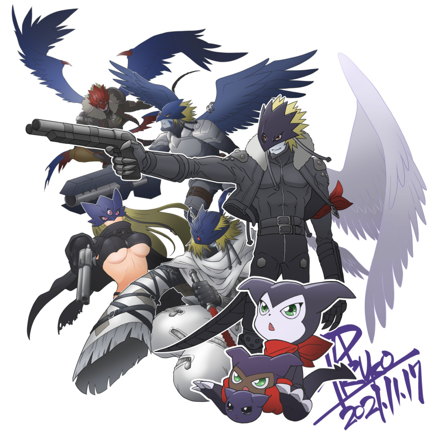 1girl 2others 4boys aiming arm_scarf armor baalmon bandages bangs beelstarmon beelzebumon beelzebumon_x belt belt_collar black_belt black_bodysuit black_gloves black_jacket black_mask black_pants black_scarf black_wings blonde_hair bodysuit breasts brown_belt cloak collar commentary_request crop_top cropped_jacket cropped_vest dated digimon digimon_(creature) fang floating floating_hair full_body fur-trimmed_jacket fur_trim gauntlets gloves green_eyes gun hair_between_eyes hair_over_one_eye highres holding holding_gun holding_sword holding_weapon impmon jacket keemon large_breasts leather leather_jacket long_hair long_sleeves looking_at_viewer looking_to_the_side mask multiple_boys multiple_others open_clothes open_jacket pants parted_lips paruko_(baalbeel11) red_eyes red_gloves red_mask red_scarf scarf short_hair sidelocks signature simple_background single_gauntlet sitting smile spikes standing stomach sword tail third_eye triangle_mouth turban underboob vest weapon white_background white_pants wings yarmon zipper