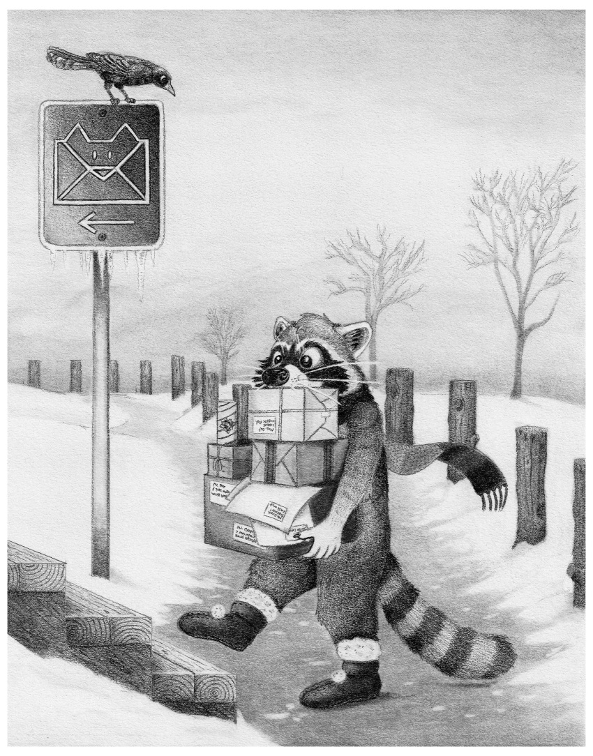 2021 absurd_res anthro biped border bottomwear box clothing container detailed_background hi_res mammal monochrome outside pants pipesburrow procyonid raccoon scarf snow solo sweater topwear white_border