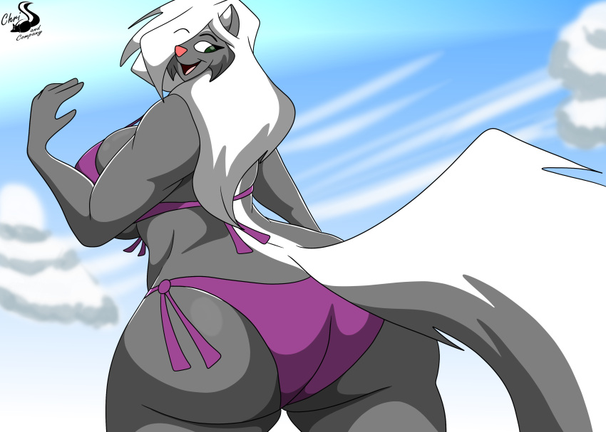 absurd_res anthro bikini butt cjshadorunner clothing cloud female hair hi_res kelsey_sienna mammal mephitid skunk sky solo swimwear