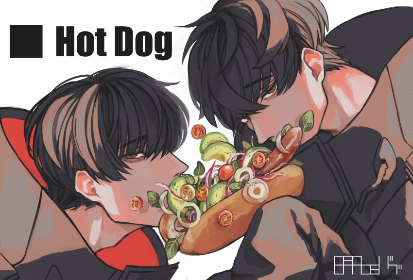 2boys absurdres avocado bangs black_coat black_hair brown_eyes coat eating english_text eyebrows_visible_through_hair fatalbug896 food food_focus highres holding holding_food hot_dog looking_at_viewer male_focus multiple_boys onion original profile shared_food short_hair sideways_glance signature simple_background sleeves_past_fingers sleeves_past_wrists tomato_slice turtleneck white_background