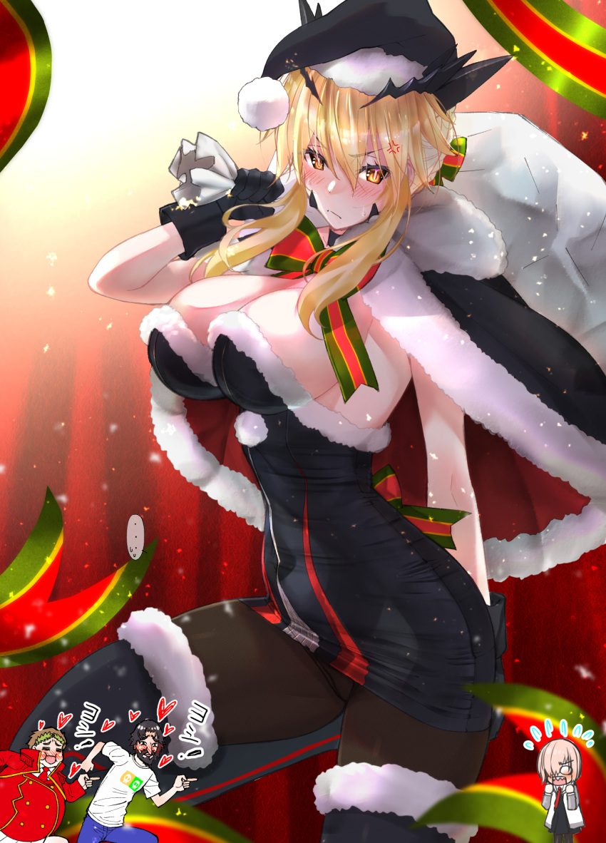 ... 1girl 2boys 2girls anger_vein arm_behind_back artoria_pendragon_(fate) black_cape black_footwear black_gloves black_headwear black_legwear black_santa_costume blonde_hair blush boots bow breasts cape closed_mouth commentary_request dress edward_teach_(fate) eyebrows_visible_through_hair fate/grand_order fate_(series) flying_sweatdrops frown fur-trimmed_cape fur-trimmed_footwear fur_trim glaring gloves half-closed_eyes hat heart highres holding holding_sack julius_caesar_(fate) kneeling large_breasts looking_at_viewer mash_kyrielight microdress multiple_boys multiple_girls over_shoulder pantyhose red_bow red_cape sack sanazura_hiroyuki santa_alter santa_costume santa_hat short_hair sidelocks snowing solo_focus spoken_ellipsis strapless strapless_dress sweatdrop thigh_boots thighhighs tied_hair translated two-sided_cape two-sided_fabric yellow_eyes