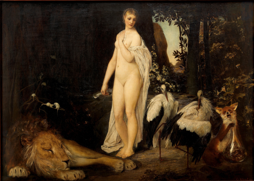 1883 19th_century ambiguous_gender amphibian ancient_furry_art avian biped bird bottle breasts brown_body brown_fur canid canine container feathered_wings feathers featureless_crotch felid female feral forest fox frog fur glass glass_container group gustav_klimt hi_res human light_body light_skin lion long_beak male mammal mostly_nude mouse multicolored_body multicolored_feathers murid murine nipples nude oil_painting_(artwork) painting_(artwork) pantherine paws plant plantigrade public_domain red_fox rodent sitting sleeping standing stork traditional_media_(artwork) tree two_tone_body two_tone_feathers water wings