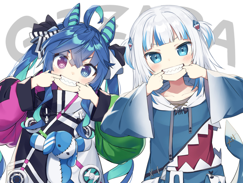 2girls @_@ ahoge animal_ears background_text bangs blue_eyes blue_hair blue_hoodie collarbone commentary_request crossover drawstring eyebrows_behind_hair finger_in_mouth fish_tail gawr_gura grin hair_between_eyes hololive hololive_english hood hood_down hoodie horse_ears jacket long_hair long_sleeves looking_at_viewer mouth_pull multicolored_hair multiple_girls puffy_long_sleeves puffy_sleeves purple_eyes shark_tail sharp_teeth silver_hair smile streaked_hair stuffed_animal stuffed_bunny stuffed_toy tail teeth twin_turbo_(umamusume) twintails two-tone_hair two_side_up umamusume upper_body v-shaped_eyebrows very_long_hair virtual_youtuber wagashi928 white_background white_jacket wide_sleeves