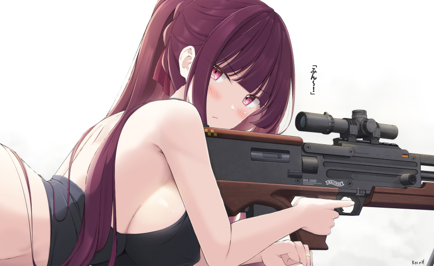 1girl :/ artist_name back bangs blunt_bangs blush breasts bullpup closed_mouth covered_nipples from_side girls'_frontline gun highres holding holding_gun holding_weapon jewelry keenh large_breasts long_hair looking_at_viewer looking_to_the_side lying on_stomach ponytail purple_eyes purple_hair rifle ring scope sideboob simple_background sniper_rifle solo trigger_discipline tsundere upper_body v-shaped_eyebrows wa2000_(girls'_frontline) walther walther_wa_2000 weapon white_background