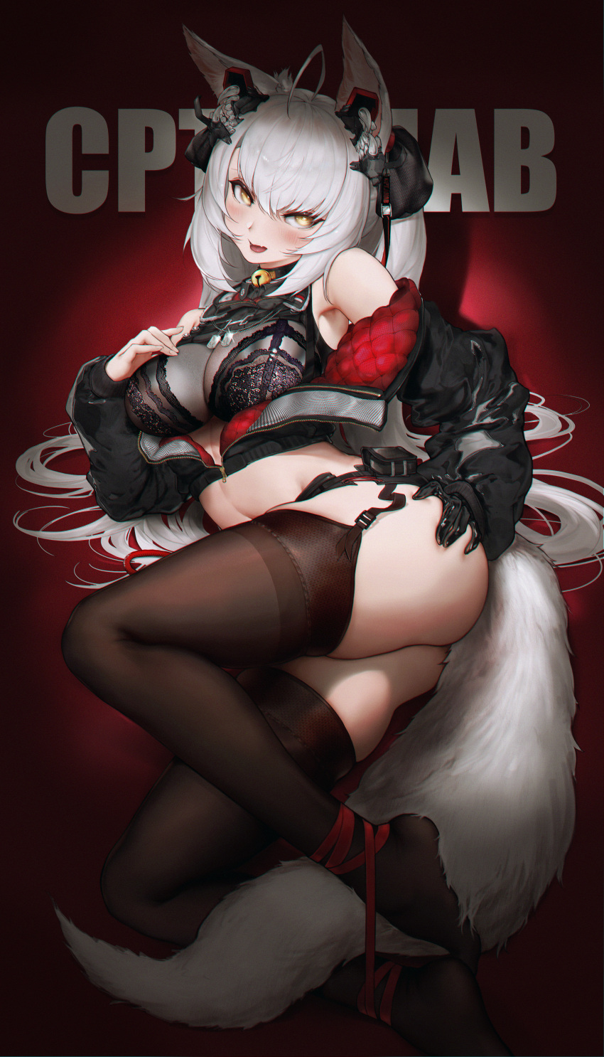 1girl absurdres ahab_(redcircle) ahoge animal_ears ass bangs bare_shoulders bell black_bra black_choker black_gloves black_jacket blush bound_ankles bra breasts brown_legwear character_name chinese_commentary choker cleavage commentary_request cropped_jacket foot_out_of_frame garter_straps gloves hair_between_eyes hair_ornament hand_on_own_ass highres jacket jingle_bell l_ract large_breasts long_hair long_sleeves looking_at_viewer lying no_shoes off_shoulder on_side open_mouth red_background red_ribbon redcircle ribbon silver_hair single_glove smile solo tail thighhighs underwear unzipped very_long_hair virtual_youtuber yellow_eyes