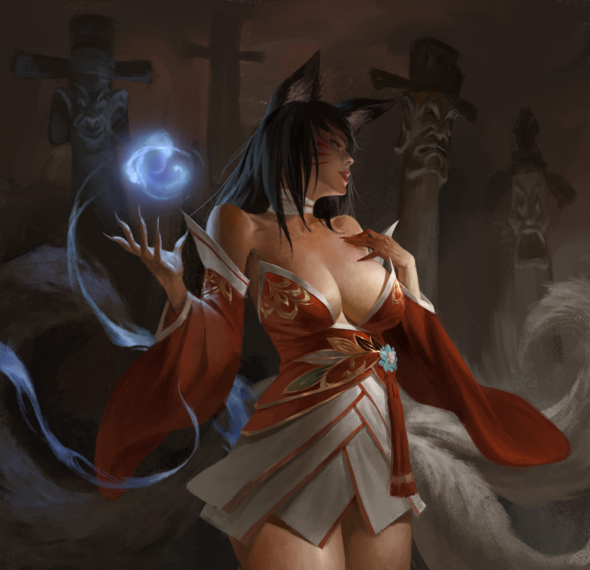 1girl absurdres ahri_(league_of_legends) animal_ear_fluff animal_ears bangku_an bare_shoulders black_hair breasts cleavage commentary cowboy_shot cross dark_background detached_sleeves dress facial_mark fingernails floating floating_object fox_ears fox_girl fox_tail hand_on_own_chest highres large_breasts league_of_legends long_hair looking_to_the_side magic multiple_tails parted_lips red_dress solo standing tail wide_sleeves yellow_eyes