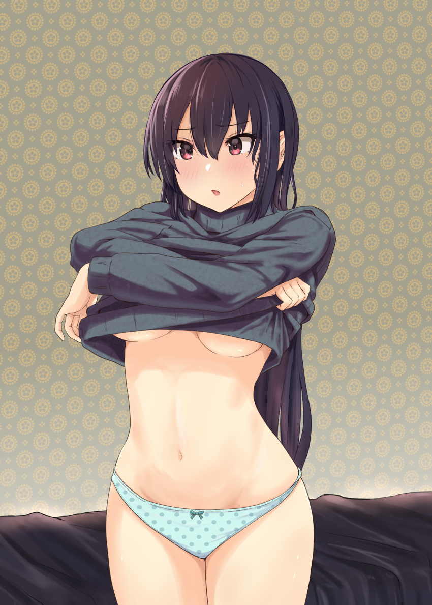 1girl absurdres alternate_costume black_hair black_sweater blue_panties breasts clothes_lift cowboy_shot highres jousanrou kantai_collection large_breasts lifted_by_self long_hair long_sleeves nagato_(kancolle) navel panties polka_dot polka_dot_panties red_eyes solo sweater sweater_lift underboob underwear undressing