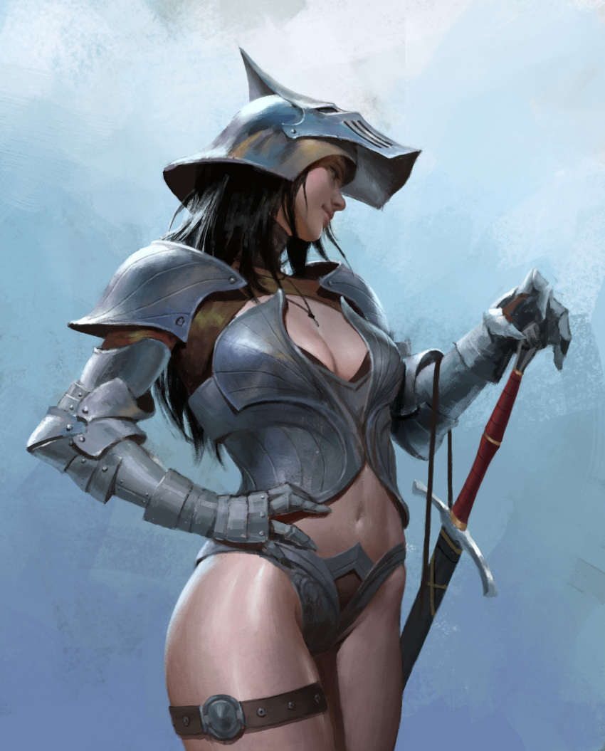 1girl armor bangku_an black_hair blue_background breastplate breasts cleavage closed_mouth commentary cowboy_shot gauntlets gradient gradient_background hand_on_hip helmet highres holding holding_sword holding_weapon jewelry large_breasts long_hair looking_to_the_side navel necklace original plate_armor sheath sheathed shoulder_armor solo standing sword thigh_strap thighs weapon