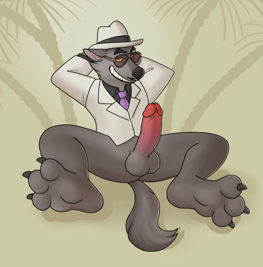 anthro balls blueballs bottomless canid canine canis clothed clothing erection eyewear facial_hair feet foot_focus genitals hat headgear headwear hi_res humanoid_genitalia humanoid_penis male mammal mr._wolf_(the_bad_guys) mustache penis solo sunglasses the_bad_guys wolf