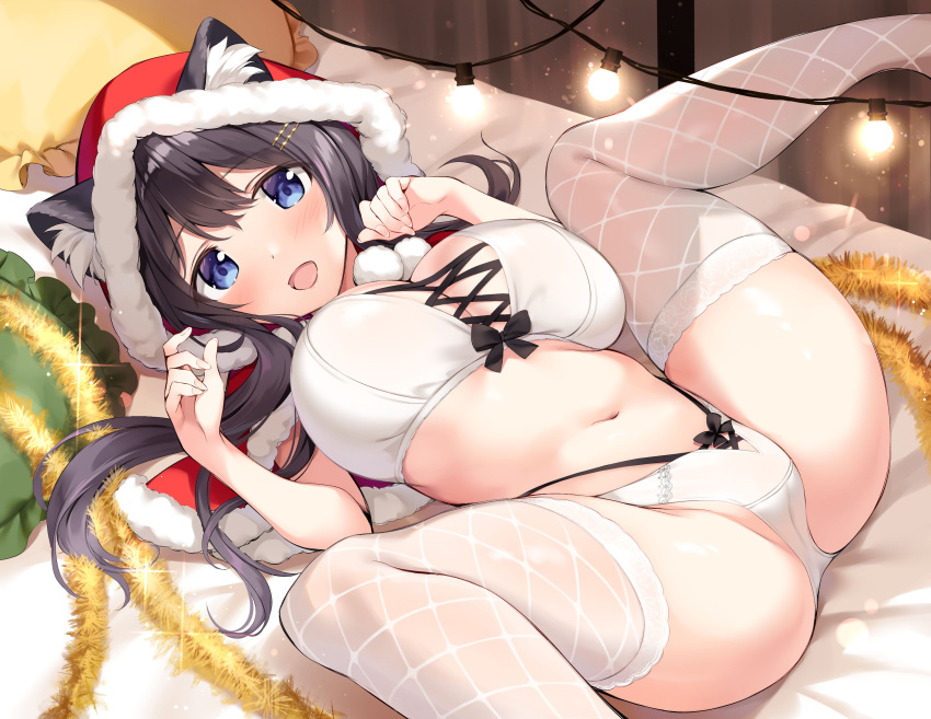 1girl :d animal_ear_fluff animal_ears ass bangs bed_sheet black_hair blue_eyes bra breasts commentary_request eyebrows_visible_through_hair feet_out_of_frame highres large_breasts long_hair looking_at_viewer lying navel on_back on_bed open_mouth original oryou panties pillow santa_dress second-party_source smile solo spread_legs string_lights thighhighs thighs underwear white_bra white_legwear white_panties