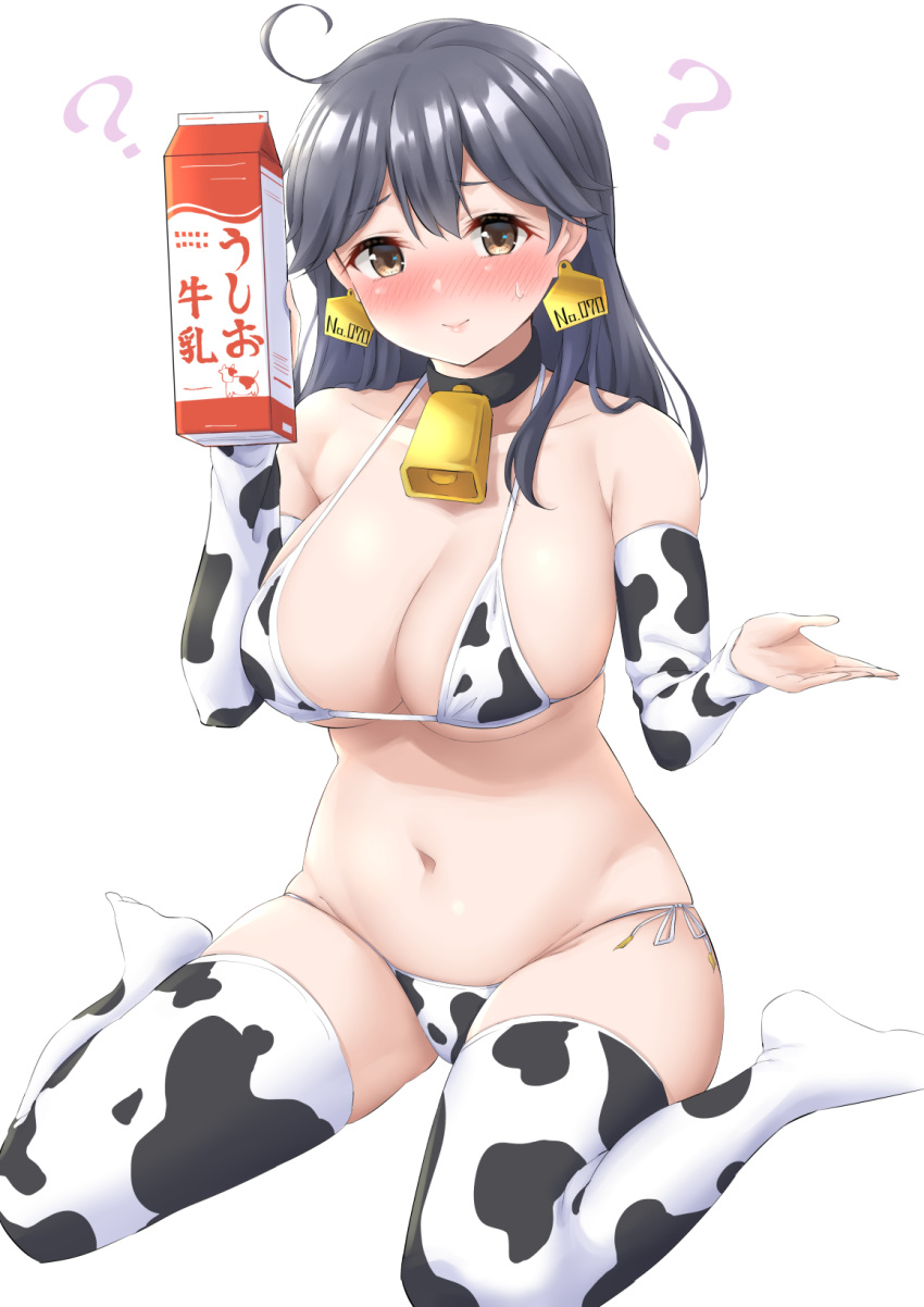 1girl ? ahoge animal_print bell bikini black_hair breasts bridal_gauntlets brown_eyes cow_print cowbell ear_tag highres kantai_collection large_breasts long_hair milk_carton side-tie_bikini simple_background solo swimsuit takomeshi thighhighs ushio_(kancolle) white_background white_bikini white_legwear