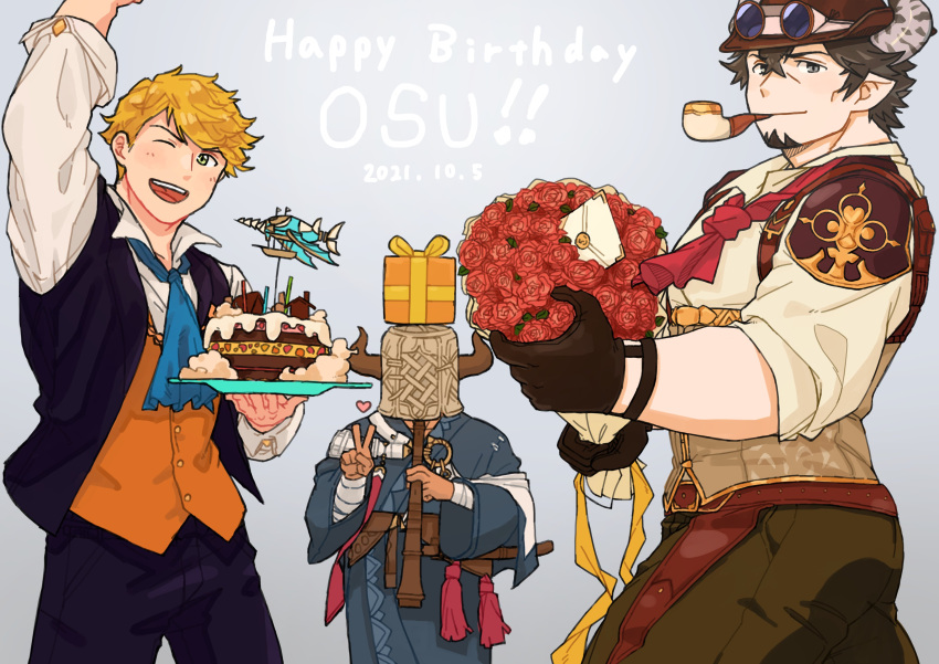 &gt;_o 3boys absurdres bakura_(granblue_fantasy) bangs bara barawa belt birthday_cake black_jacket black_pants blonde_hair blush bouquet box brown_hair brown_pants cake draph facial_hair flower flute food gift gift_box goatee goggles goggles_on_head granblue_fantasy green_eyes happy_birthday hat heart highres holding holding_bouquet holding_cake holding_food holding_instrument horns instrument jacket japanese_clothes kimono large_pectorals letter male_focus multiple_boys muscular muscular_male official_alternate_costume one_eye_closed open_clothes open_jacket open_mouth orange_vest pants pectorals red_flower shirt short_hair sleeveless sleeveless_jacket smile tsuk8454 v vane_(granblue_fantasy) vest white_shirt