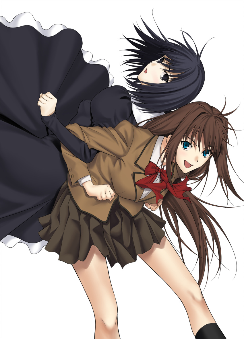 2girls aozaki_aoko back-to-back bangs black_dress black_eyes black_hair blazer blue_eyes breasts brown_hair brown_jacket brown_skirt buttons collared_shirt commentary_request dress eyebrows_visible_through_hair floating_hair hair_between_eyes hair_intakes highres jacket juliet_sleeves kuonji_alice lifting_person locked_arms long_dress long_hair long_sleeves looking_at_viewer mahou_tsukai_no_yoru medium_breasts miniskirt multiple_girls neck_ribbon open_mouth pleated_skirt puffy_sleeves red_ribbon ribbon school_uniform shirt short_hair sidelocks simple_background skirt small_breasts smile takai_isshiki tongue white_background white_shirt