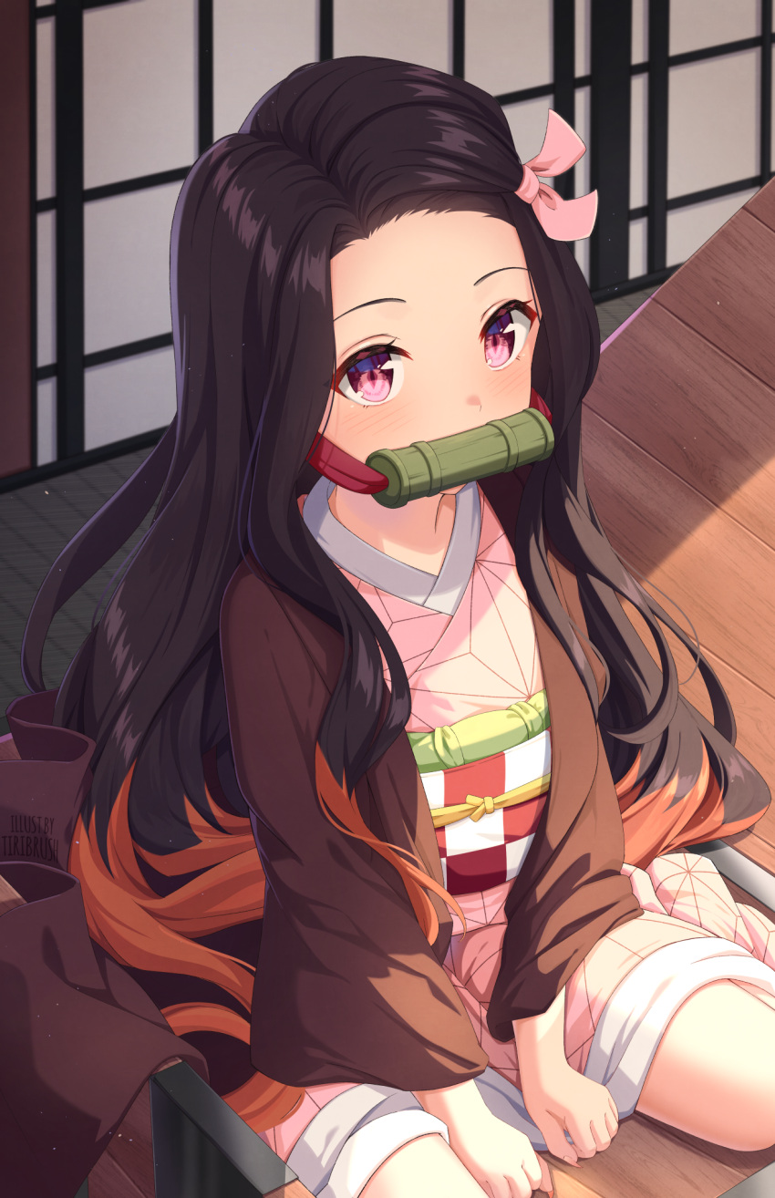 1girl asa_no_ha_(pattern) bamboo between_legs bit_gag black_hair black_jacket blush box checkered_obi commentary english_commentary forehead from_above gag gagged hair_ribbon hand_between_legs haori highres in_box in_container indoors jacket japanese_clothes kamado_nezuko kimetsu_no_yaiba kimono long_hair looking_at_viewer looking_up mouth_hold multicolored_hair on_floor orange_hair pink_eyes pink_kimono pink_ribbon ribbon seiza sitting slit_pupils solo staring tatami tiri two-tone_hair very_long_hair wide_sleeves