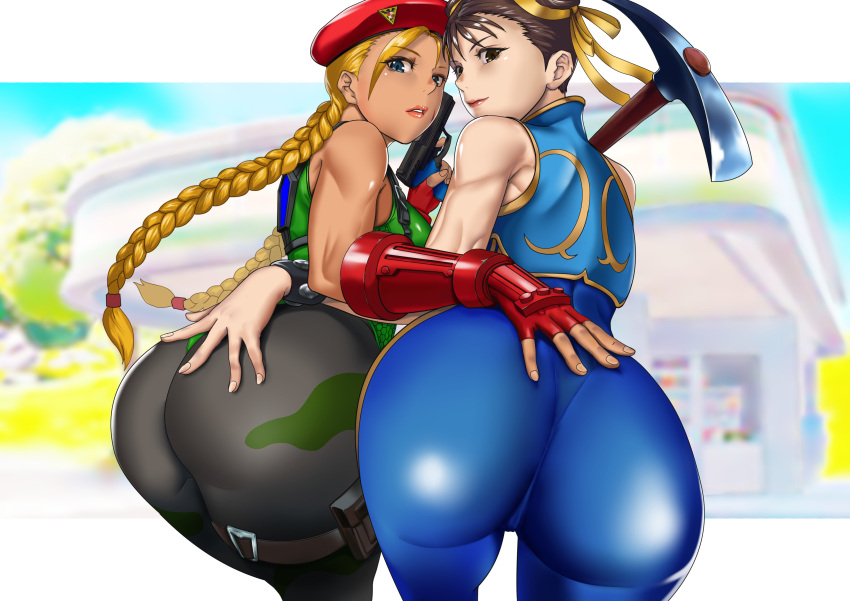 2girls absurdres beret blonde_hair braid brown_hair cammy_white chun-li double_bun fingerless_gloves fortnite from_behind gloves green_leotard gun hair_ribbon hand_on_another's_ass handgun hat highres leaning_forward leotard looking_at_viewer looking_back multiple_girls official_alternate_costume pantyhose parted_lips pickaxe ribbon side-by-side sleeveless smile street_fighter studded_bracelet thigh_gap twin_braids weapon yagi_(joe731842)