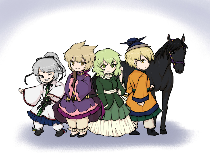 4girls alternate_costume alternate_hair_length alternate_hairstyle blonde_hair brown_eyes dress green_eyes green_hair grey_eyes hat horse japanese_clothes kariginu kurokoma_saki_(pegasus) light_brown_hair matara_okina mononobe_no_futo multiple_girls no_hat no_headwear one_eye_closed razania ritual_baton sheath sheathed silver_hair soga_no_tojiko sword touhou toyosatomimi_no_miko weapon yellow_eyes