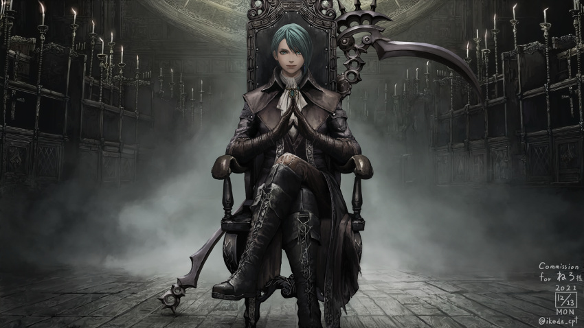 1girl ascot asymmetrical_hair avatar_(ffxiv) bloodborne boots candle candlestand chair closed_mouth coat commission cosplay cross-laced_footwear crossed_legs final_fantasy final_fantasy_xiv fisheye fog gloves green_eyes green_hair hands_up highres ikeda_(cpt) indoors lace-up_boots lady_maria_of_the_astral_clocktower lady_maria_of_the_astral_clocktower_(cosplay) looking_at_viewer medium_hair mole mole_under_eye mole_under_mouth on_chair own_hands_together pants reaper_(final_fantasy) scythe sitting skeb_commission smile solo the_old_hunters watermark weapon